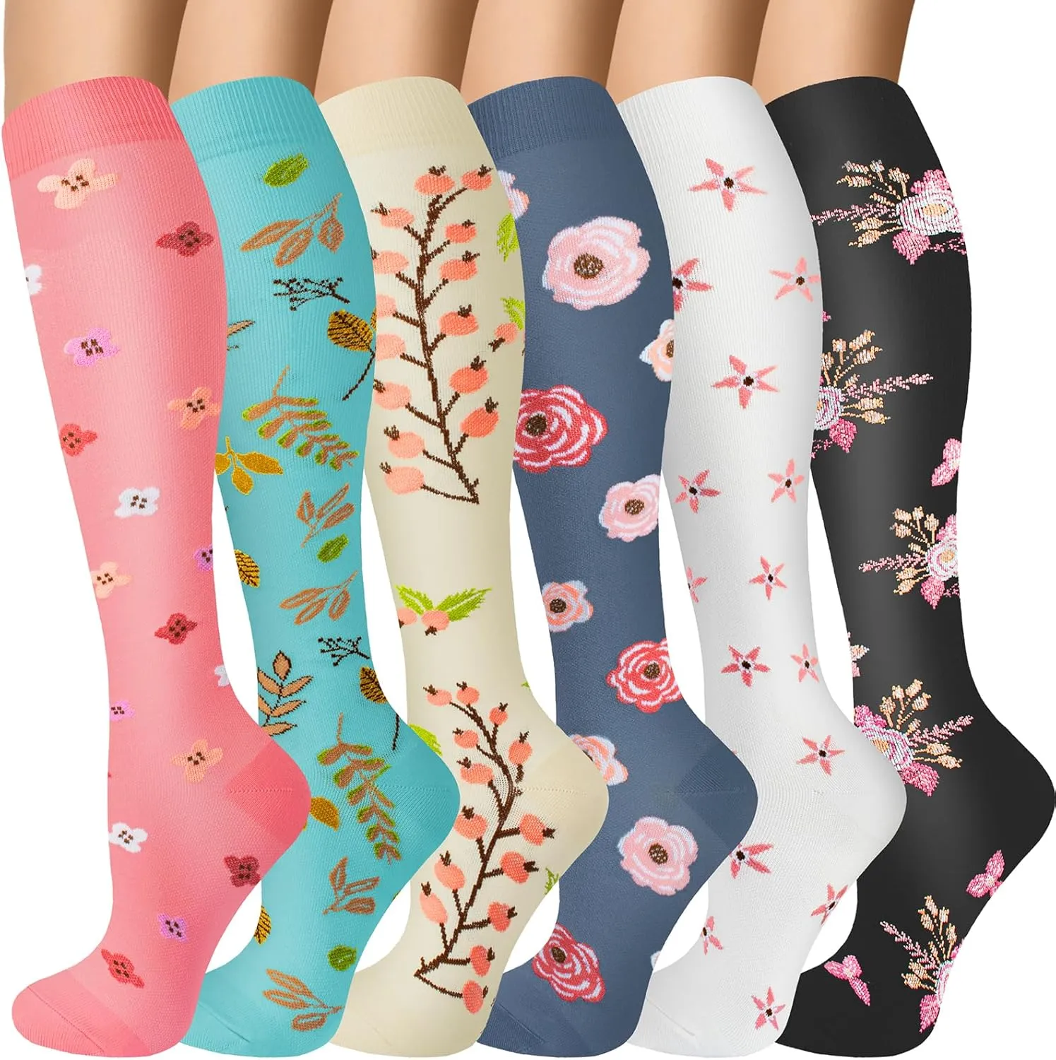 6 Pairs Compression Socks for Women Men 20-30mmhg Graduated Support Knee High Socks for Nurse Travel Flight