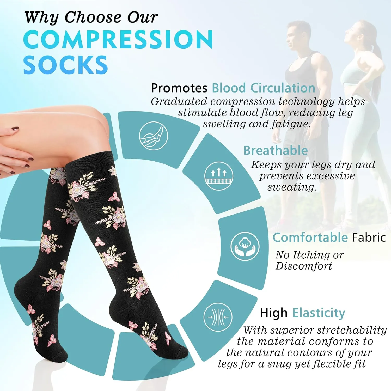 6 Pairs Compression Socks for Women Men 20-30mmhg Graduated Support Knee High Socks for Nurse Travel Flight