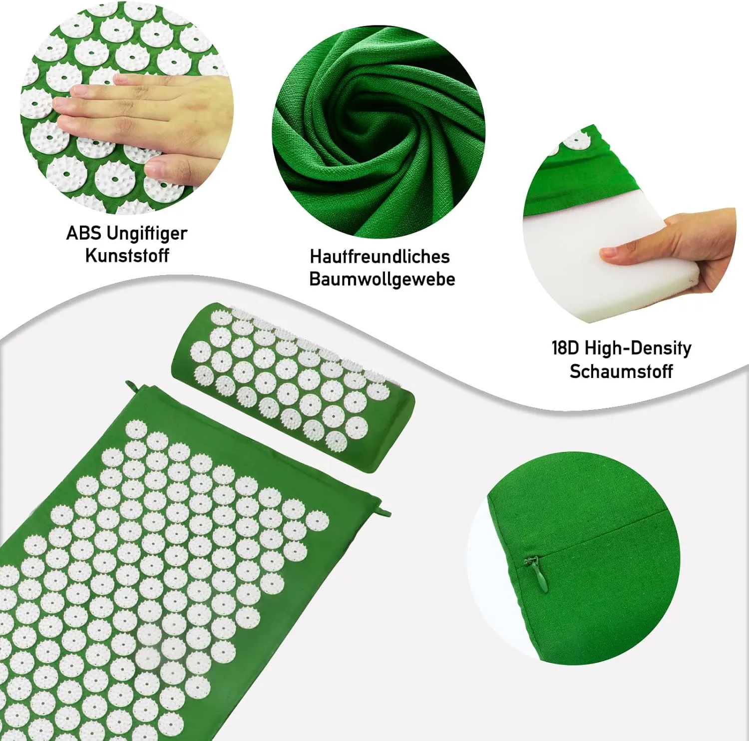 Acupressure Mat Set, Acupuncture Point Massage Pillow, Relieving Neck and Back Pain, Muscle Relaxation and Stress Reduction, Sciatica Relief, Suitable for Men and Women, Carry a Handbag, Green White