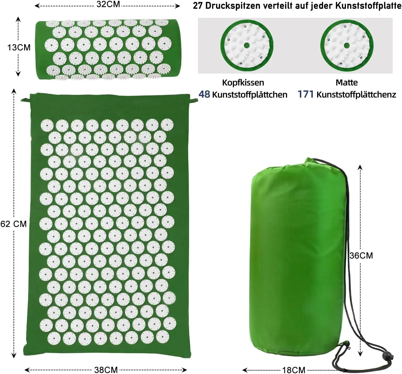 Acupressure Mat Set, Acupuncture Point Massage Pillow, Relieving Neck and Back Pain, Muscle Relaxation and Stress Reduction, Sciatica Relief, Suitable for Men and Women, Carry a Handbag, Green White