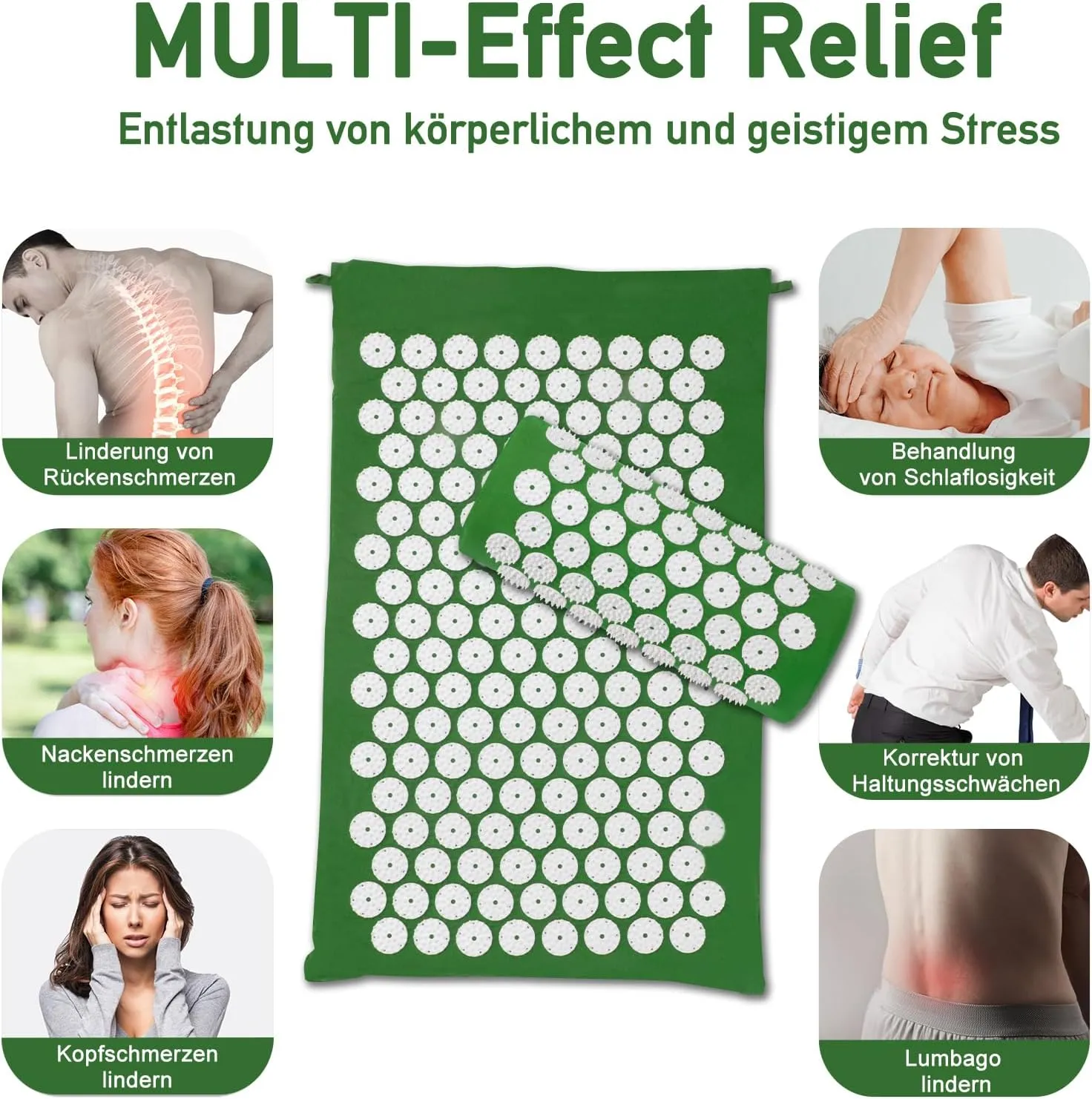 Acupressure Mat Set, Acupuncture Point Massage Pillow, Relieving Neck and Back Pain, Muscle Relaxation and Stress Reduction, Sciatica Relief, Suitable for Men and Women, Carry a Handbag, Green White