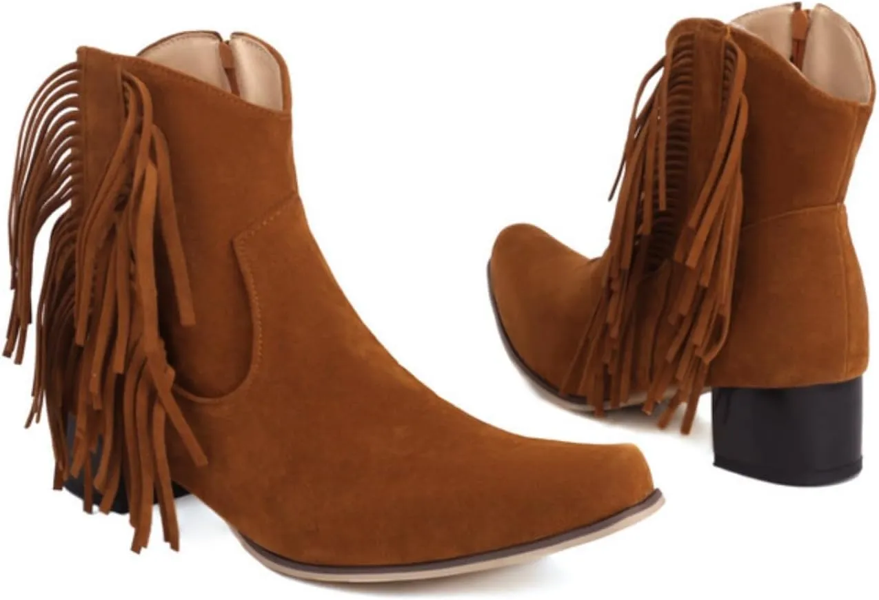 Aflngle Women's Fashion Fringe Cowboy Boots Tassel Square Toe Low Block Chunky Heel Side Zipper Short Ankle Boots Comfortable Non-Slip Western Cowgirl Riding Booties
