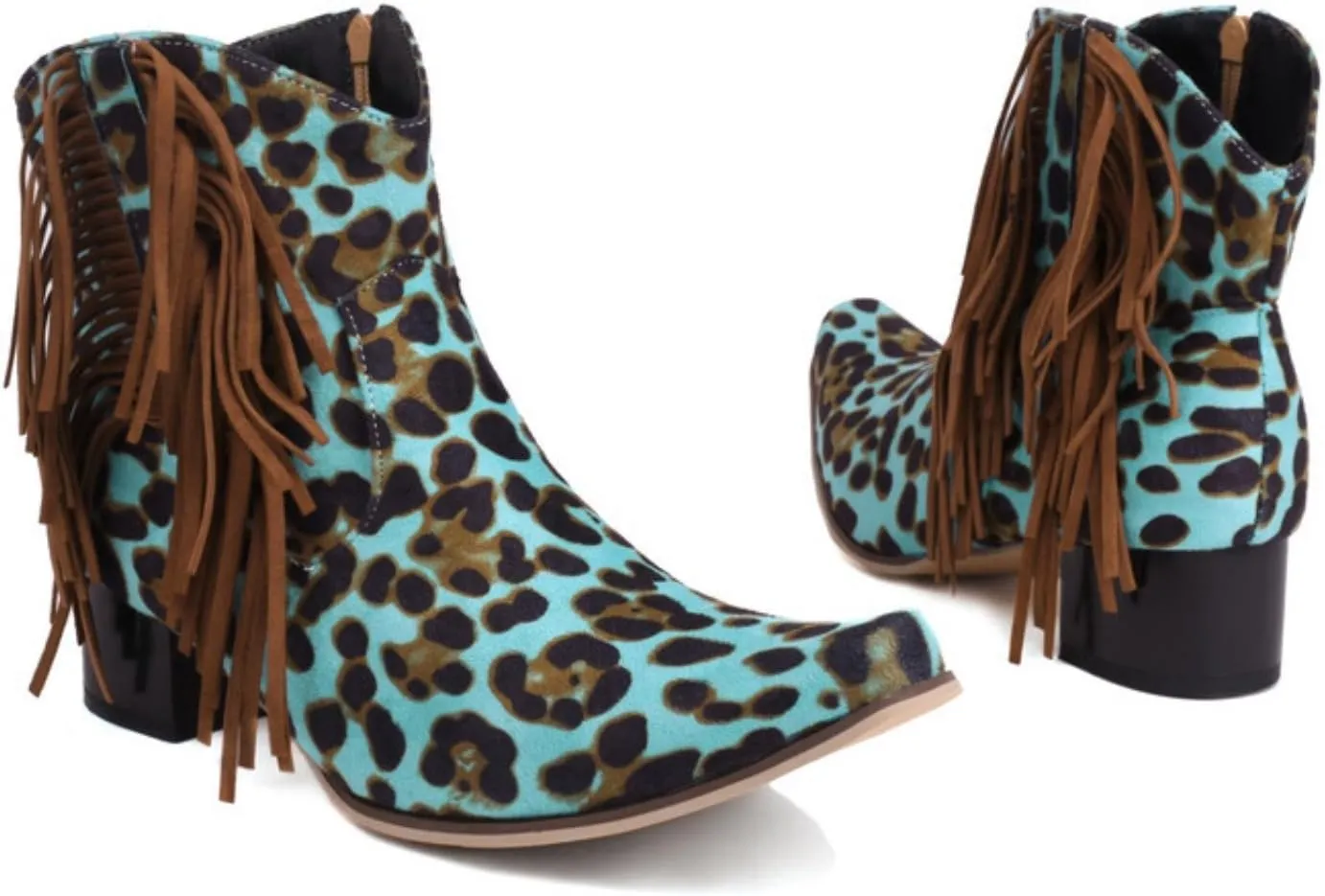 Aflngle Women's Fashion Fringe Cowboy Boots Tassel Square Toe Low Block Chunky Heel Side Zipper Short Ankle Boots Comfortable Non-Slip Western Cowgirl Riding Booties