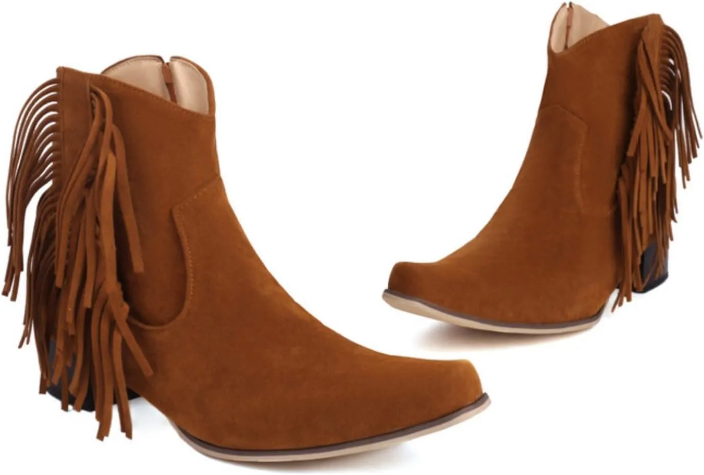 Aflngle Women's Fashion Fringe Cowboy Boots Tassel Square Toe Low Block Chunky Heel Side Zipper Short Ankle Boots Comfortable Non-Slip Western Cowgirl Riding Booties