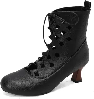 Aflngle Women's Low Kitten Chunky Heels Lace Up Victorian Ankle Boots Classic Vintage Round Toe Hollow Out Gothic Witch Knight Booties