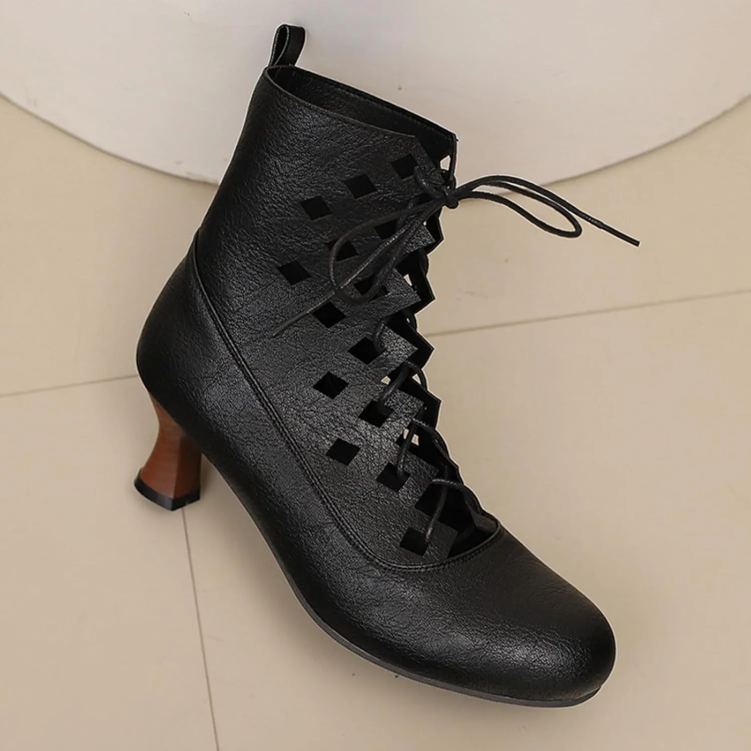 Aflngle Women's Low Kitten Chunky Heels Lace Up Victorian Ankle Boots Classic Vintage Round Toe Hollow Out Gothic Witch Knight Booties