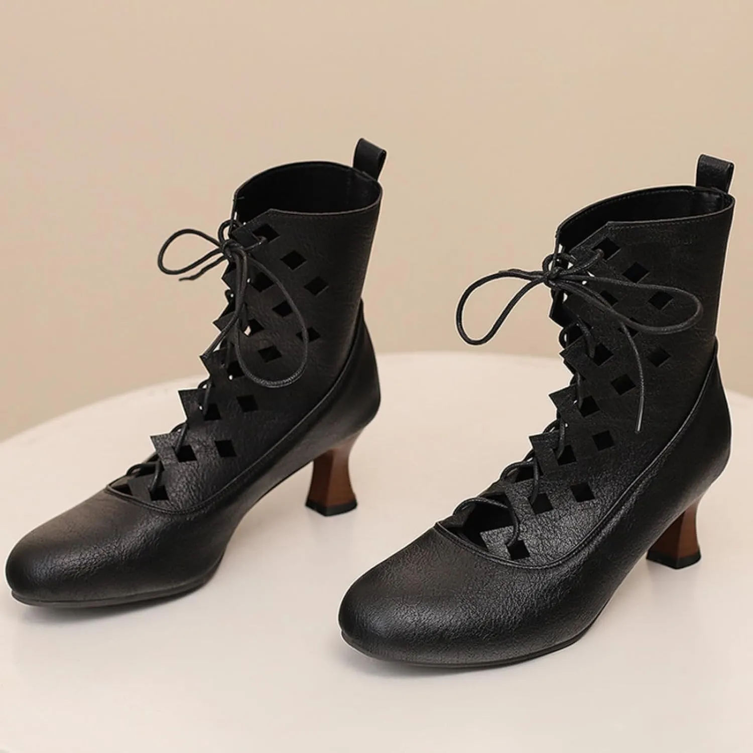 Aflngle Women's Low Kitten Chunky Heels Lace Up Victorian Ankle Boots Classic Vintage Round Toe Hollow Out Gothic Witch Knight Booties