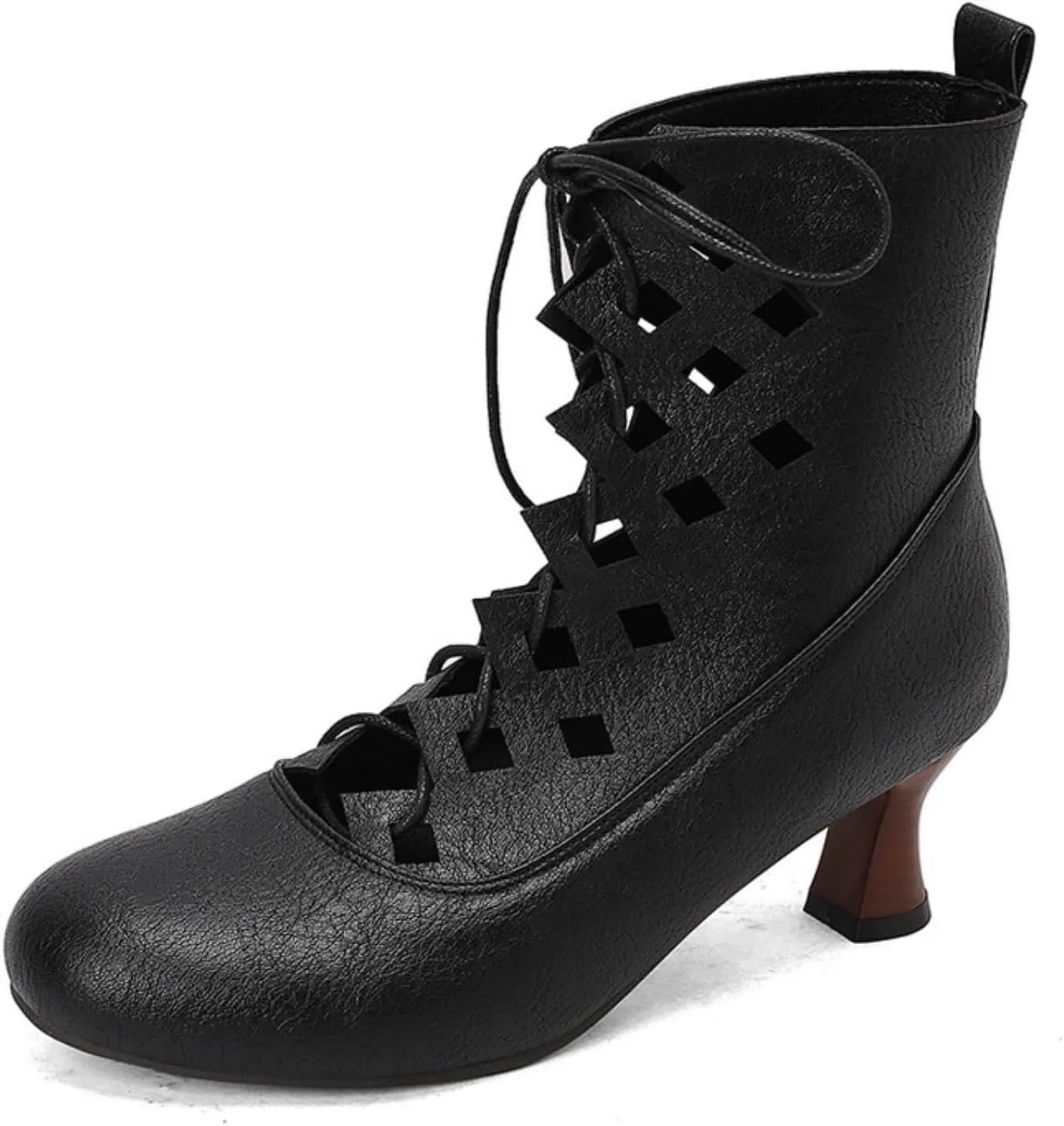 Aflngle Women's Low Kitten Chunky Heels Lace Up Victorian Ankle Boots Classic Vintage Round Toe Hollow Out Gothic Witch Knight Booties