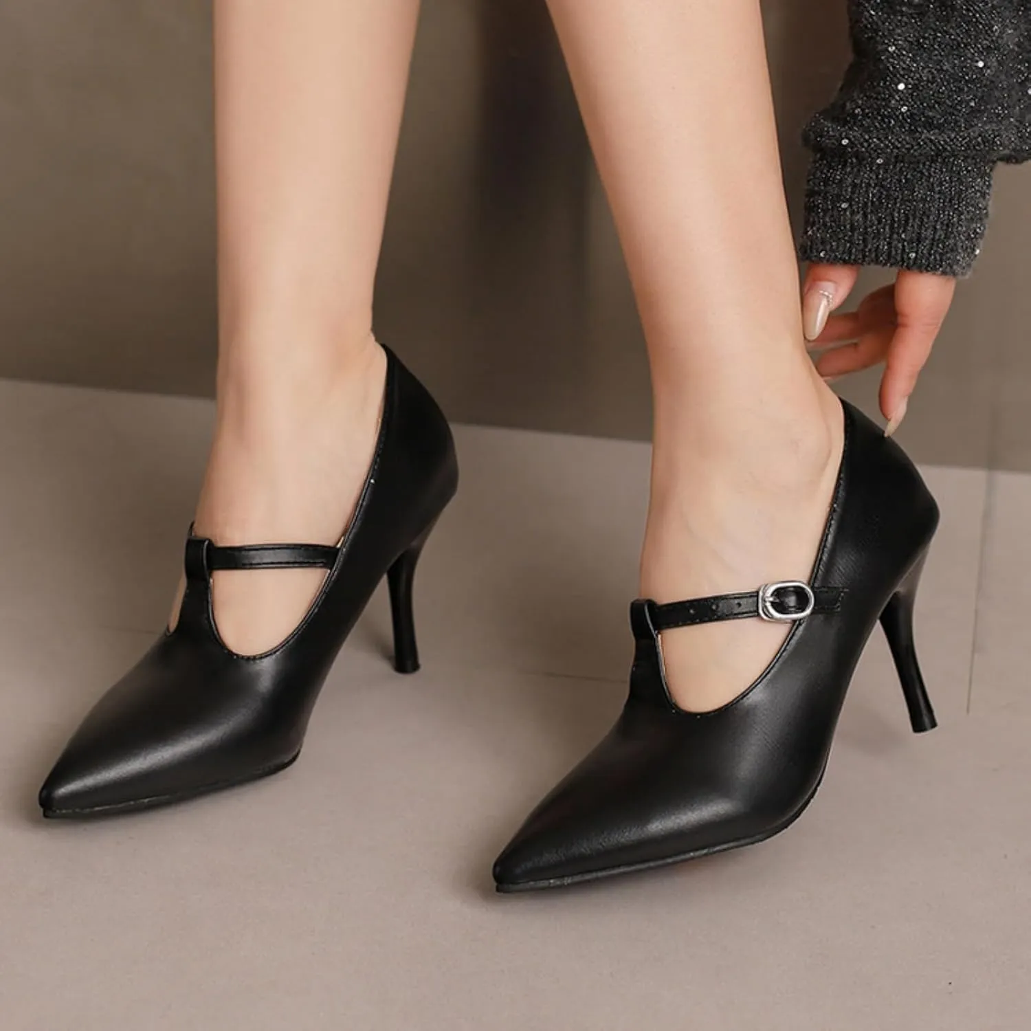 Aflngle Women's T Strap Stiletto High Heels Pumps Sexy Pointed Toe Closed Ankle Strap Buckle Wedding Party Prom Dress Shoes