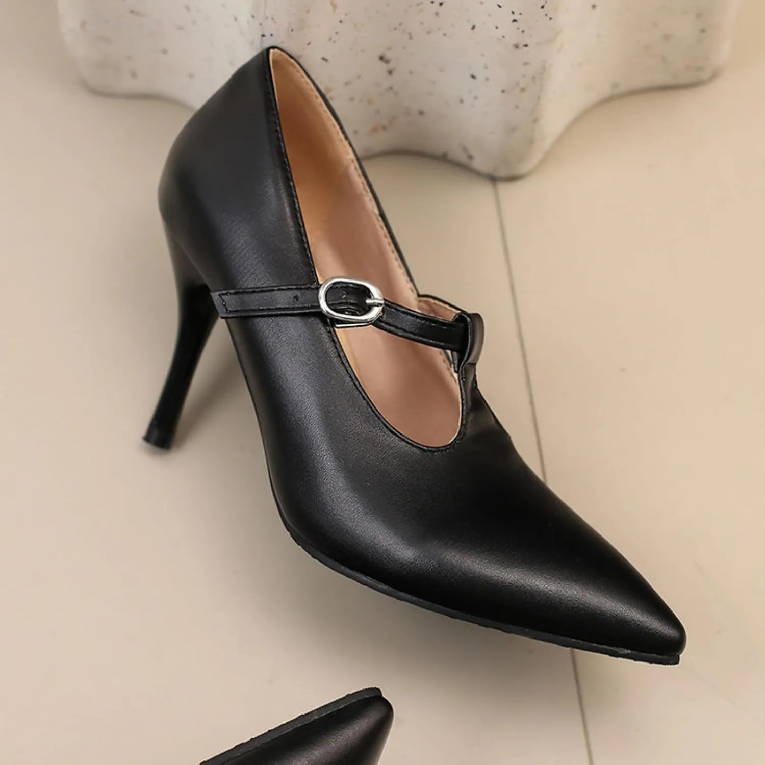 Aflngle Women's T Strap Stiletto High Heels Pumps Sexy Pointed Toe Closed Ankle Strap Buckle Wedding Party Prom Dress Shoes