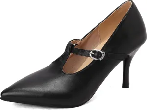 Aflngle Women's T Strap Stiletto High Heels Pumps Sexy Pointed Toe Closed Ankle Strap Buckle Wedding Party Prom Dress Shoes