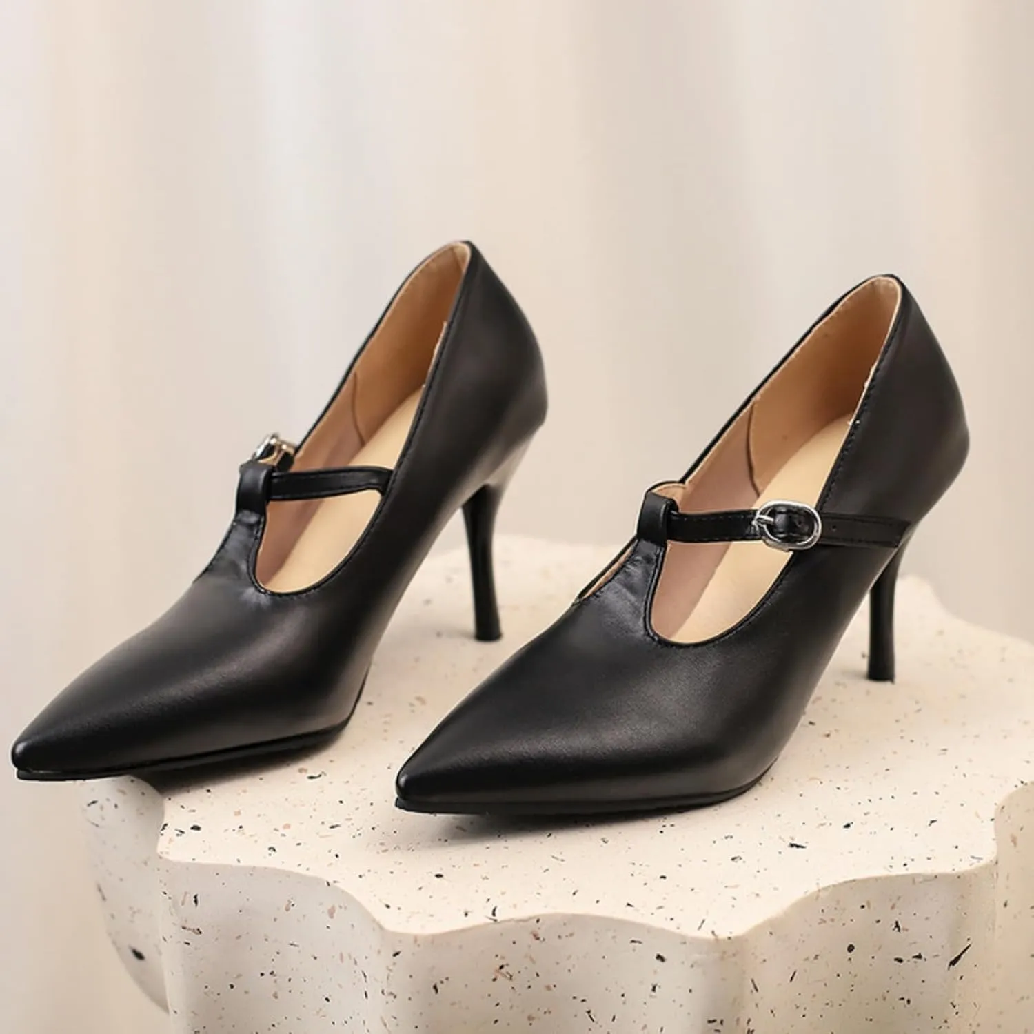 Aflngle Women's T Strap Stiletto High Heels Pumps Sexy Pointed Toe Closed Ankle Strap Buckle Wedding Party Prom Dress Shoes