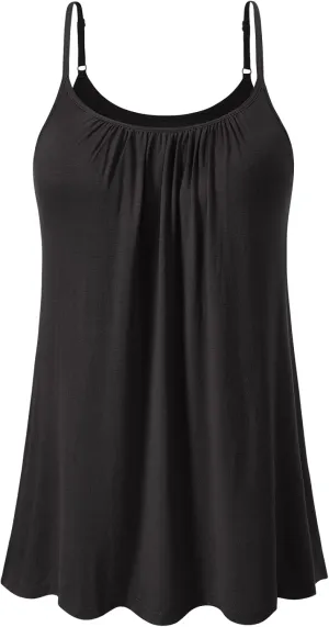 Air Curvey Camisole for Women Bulid in Bra Casual Flowy Cami Adjustable Spaghetti Strap Tank Top Pleated Loose Fit S-XXXXL