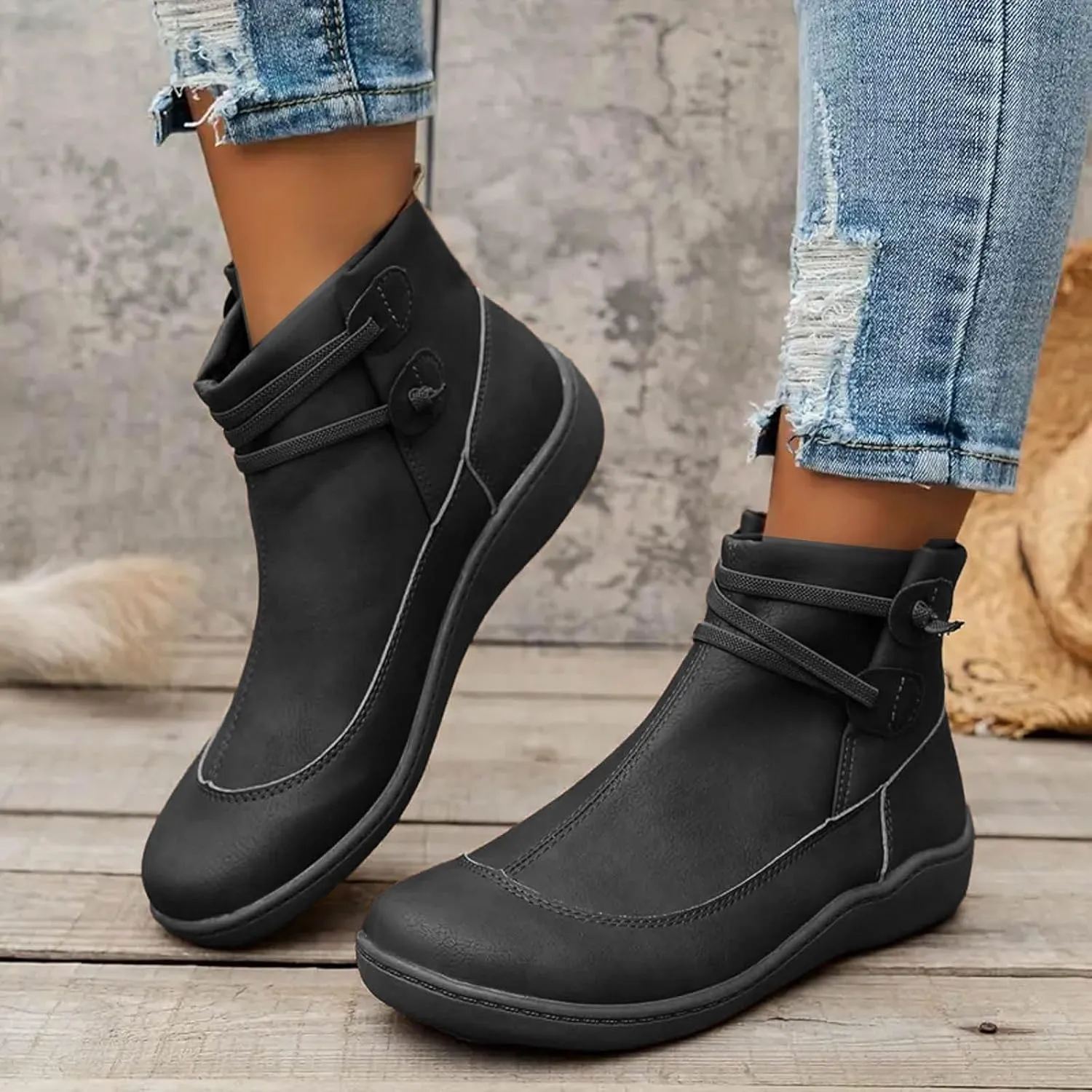 AMDBEL Boots for Women Ankle Booties No Heel Premium Orthopedic Shoes Arch Support Leather Comfortable Side Zip Winter Boots
