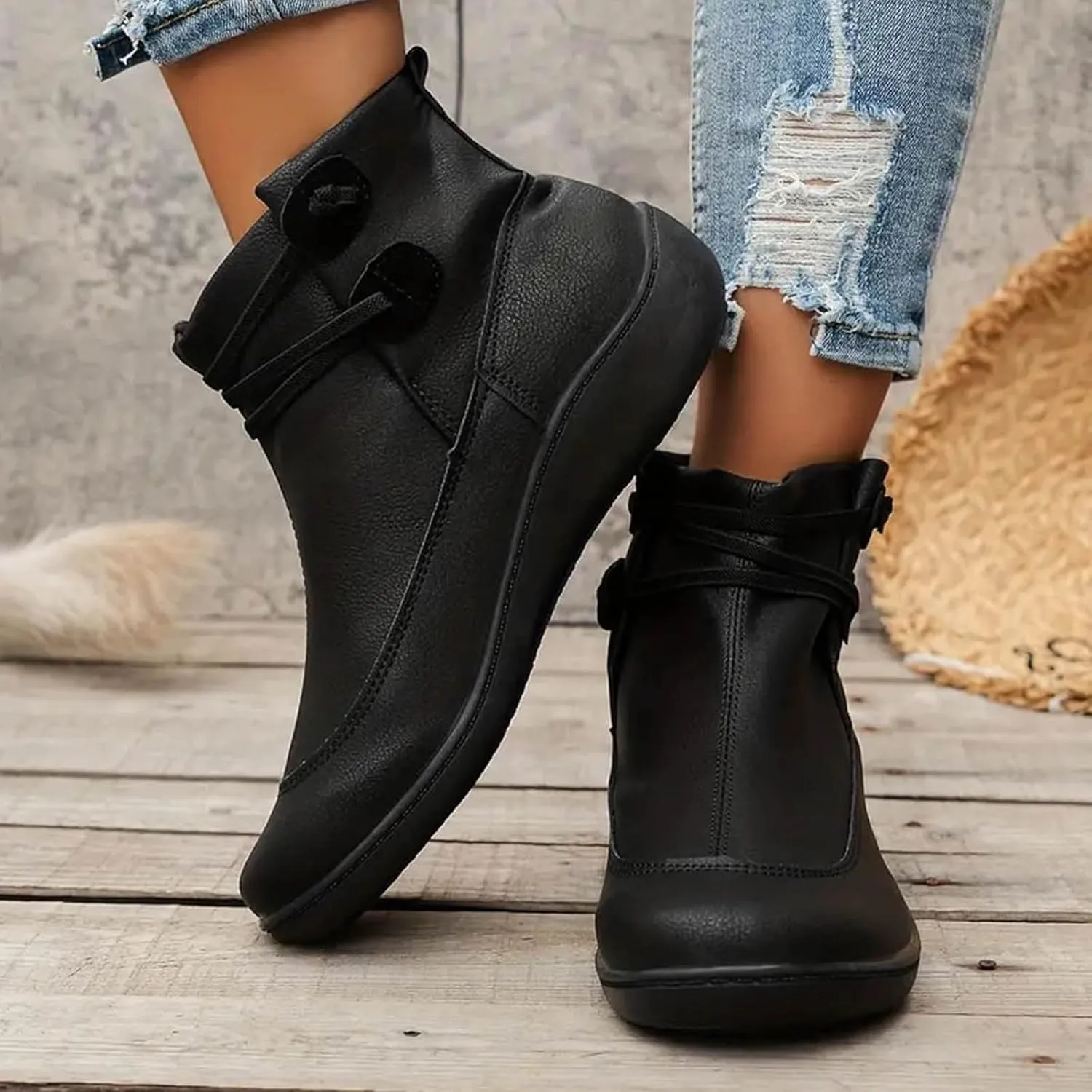 AMDBEL Boots for Women Ankle Booties No Heel Premium Orthopedic Shoes Arch Support Leather Comfortable Side Zip Winter Boots