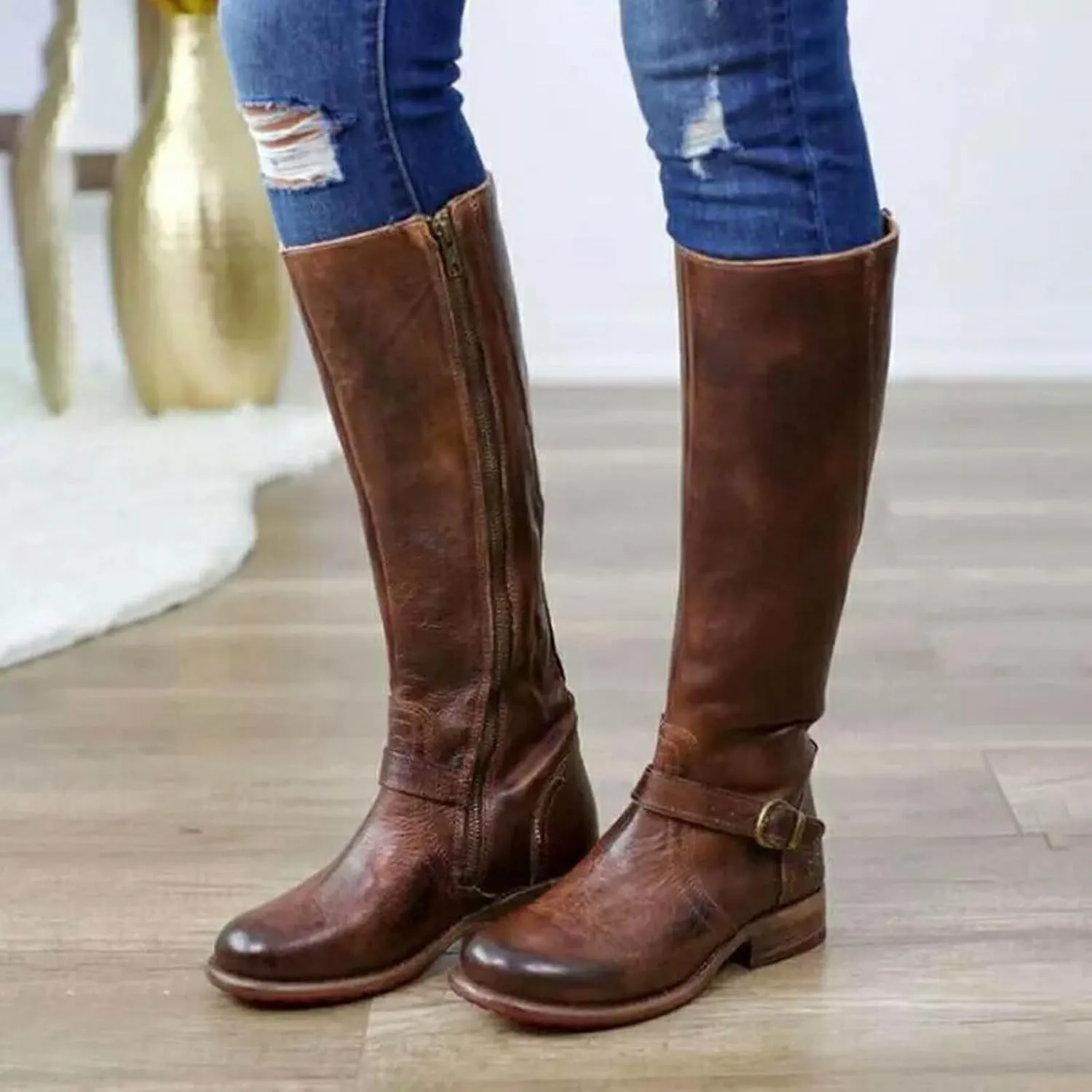 AMDBEL Wide Calf Boots for Women Low Heel Womens Fall Boots 2024 Fashion Zipper Cowboy Boots Riding Cowgirl Booties Shoes