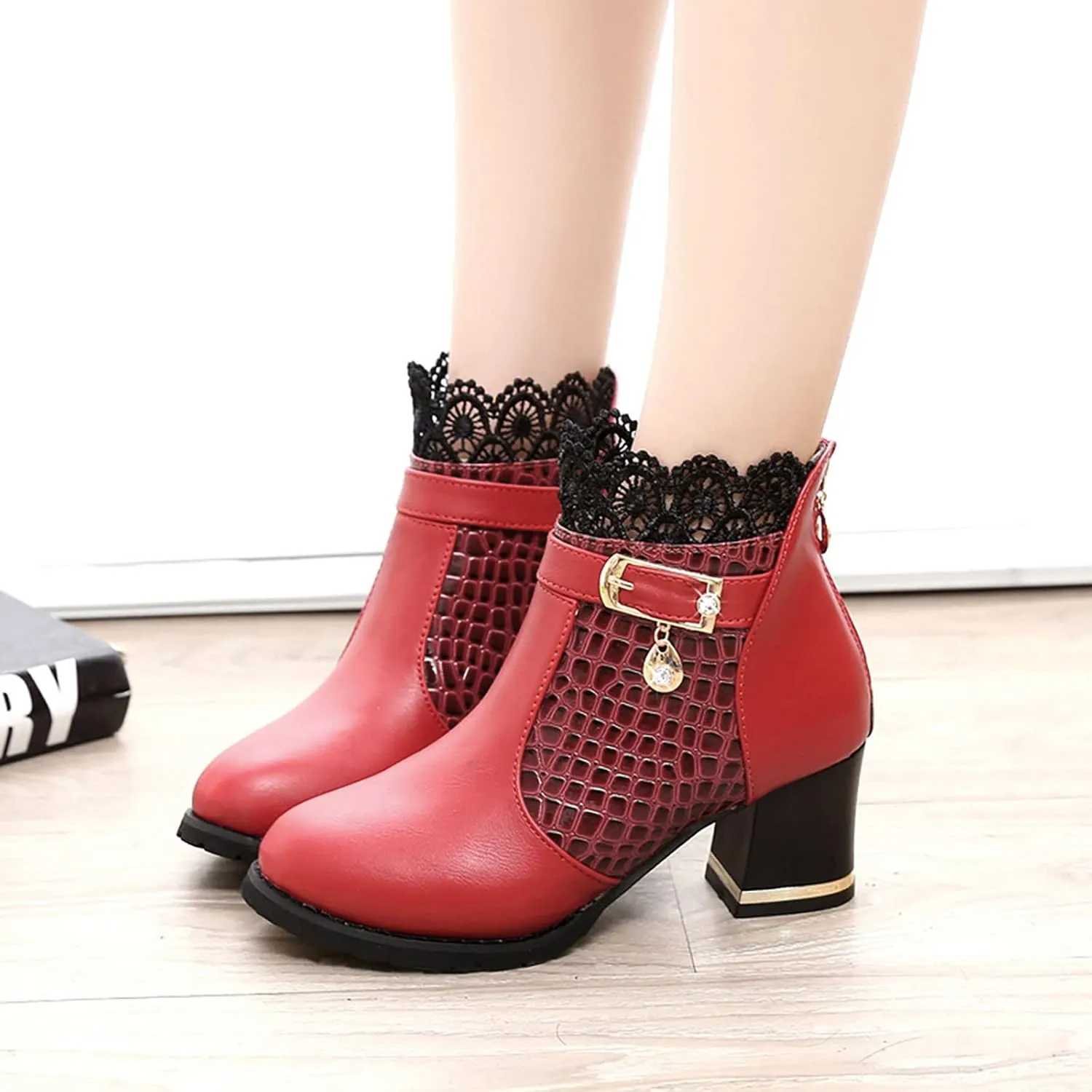 Ankle Bootie for Women Block Heel Pointed Toe Boots Stacked Mid Heel Dress Boots Wide Width Chunky Bootie
