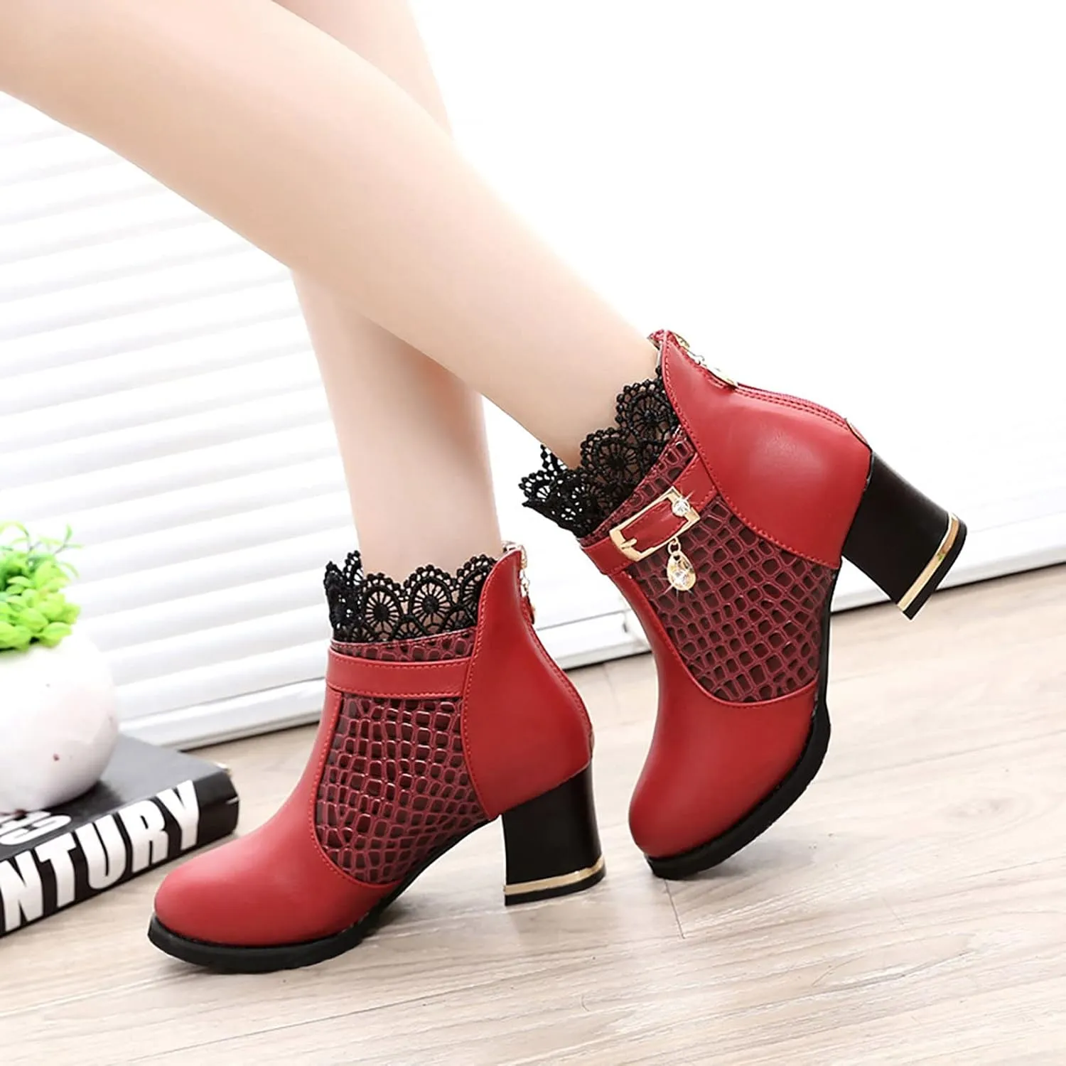 Ankle Bootie for Women Block Heel Pointed Toe Boots Stacked Mid Heel Dress Boots Wide Width Chunky Bootie