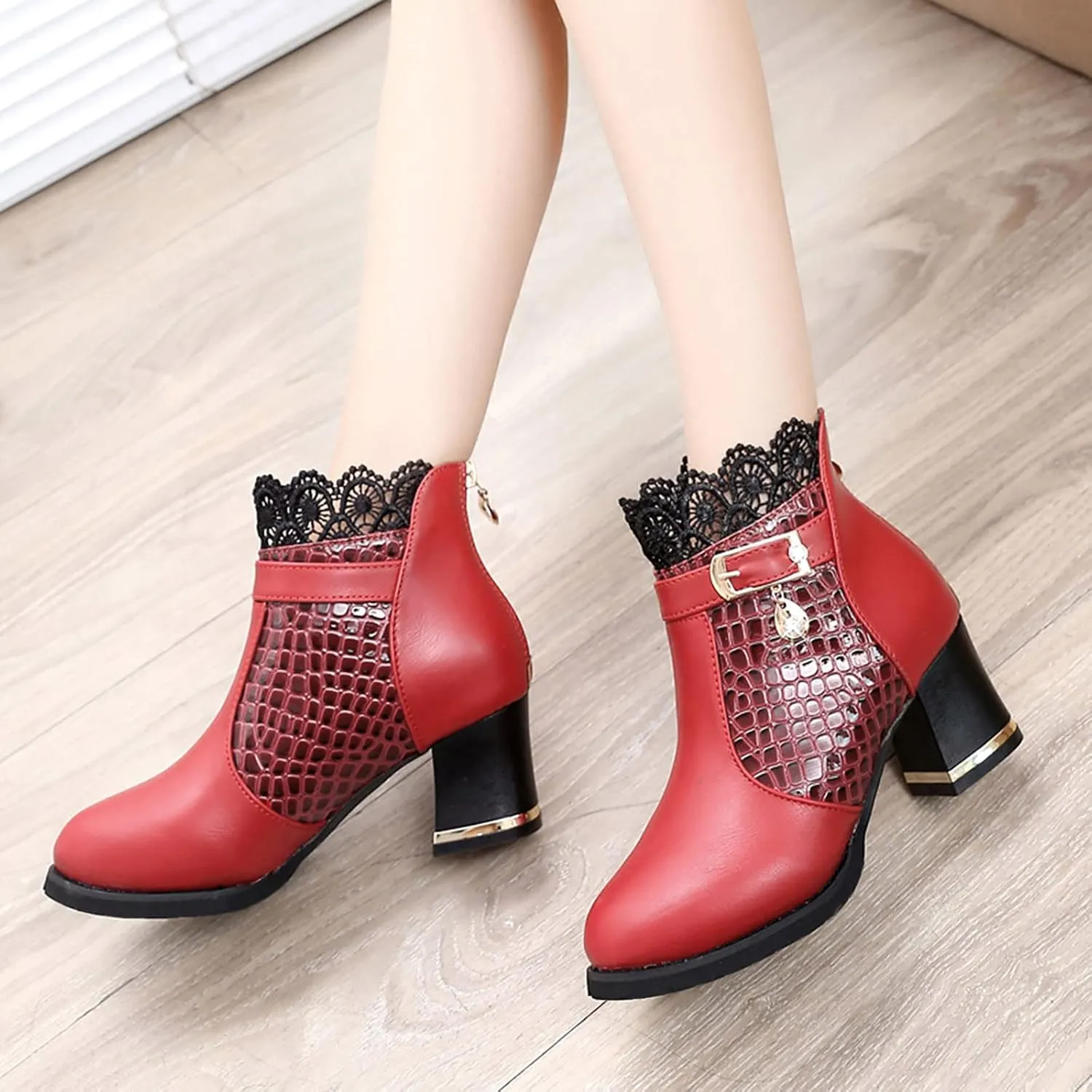 Ankle Bootie for Women Block Heel Pointed Toe Boots Stacked Mid Heel Dress Boots Wide Width Chunky Bootie