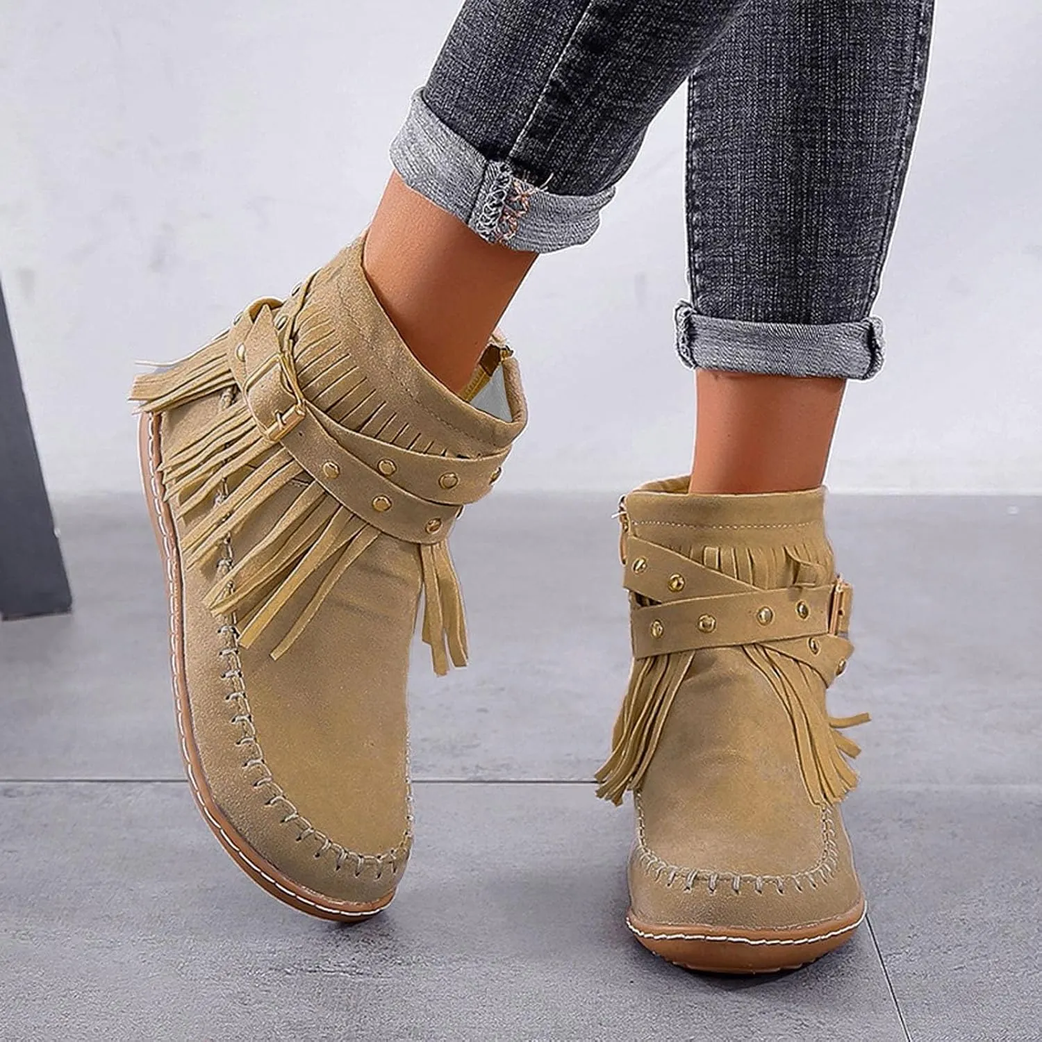 Ankle Boots for Women Platform Boots Womens Vintage Tasseled Leather Suede Round Toe Zipper Flat Heel Boots Shoes
