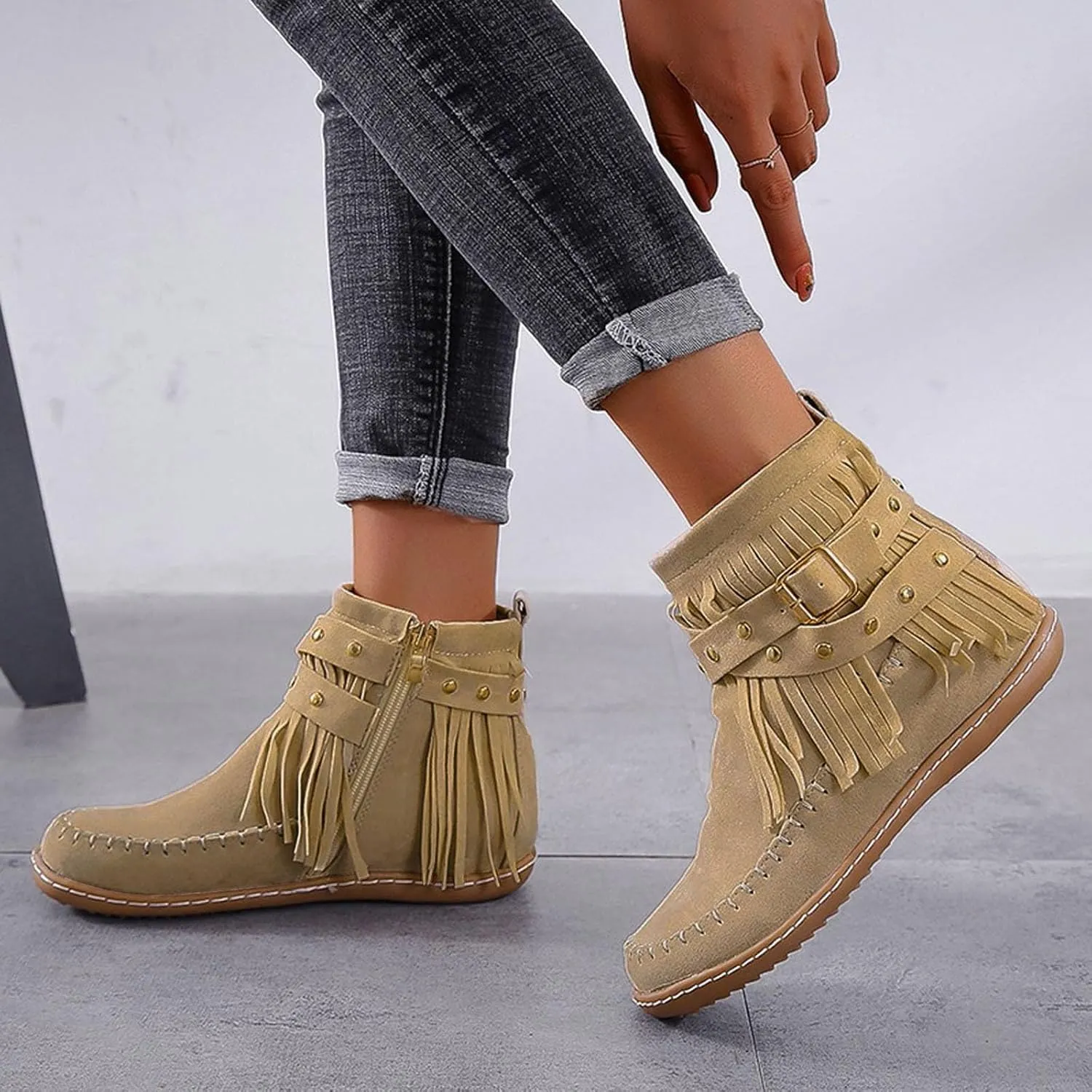Ankle Boots for Women Platform Boots Womens Vintage Tasseled Leather Suede Round Toe Zipper Flat Heel Boots Shoes