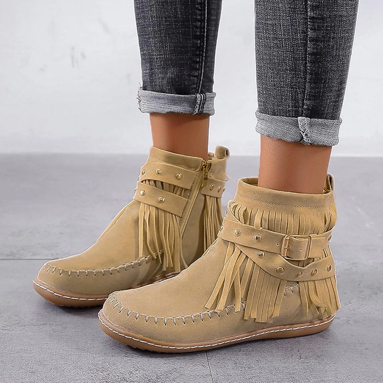 Ankle Boots for Women Platform Boots Womens Vintage Tasseled Leather Suede Round Toe Zipper Flat Heel Boots Shoes