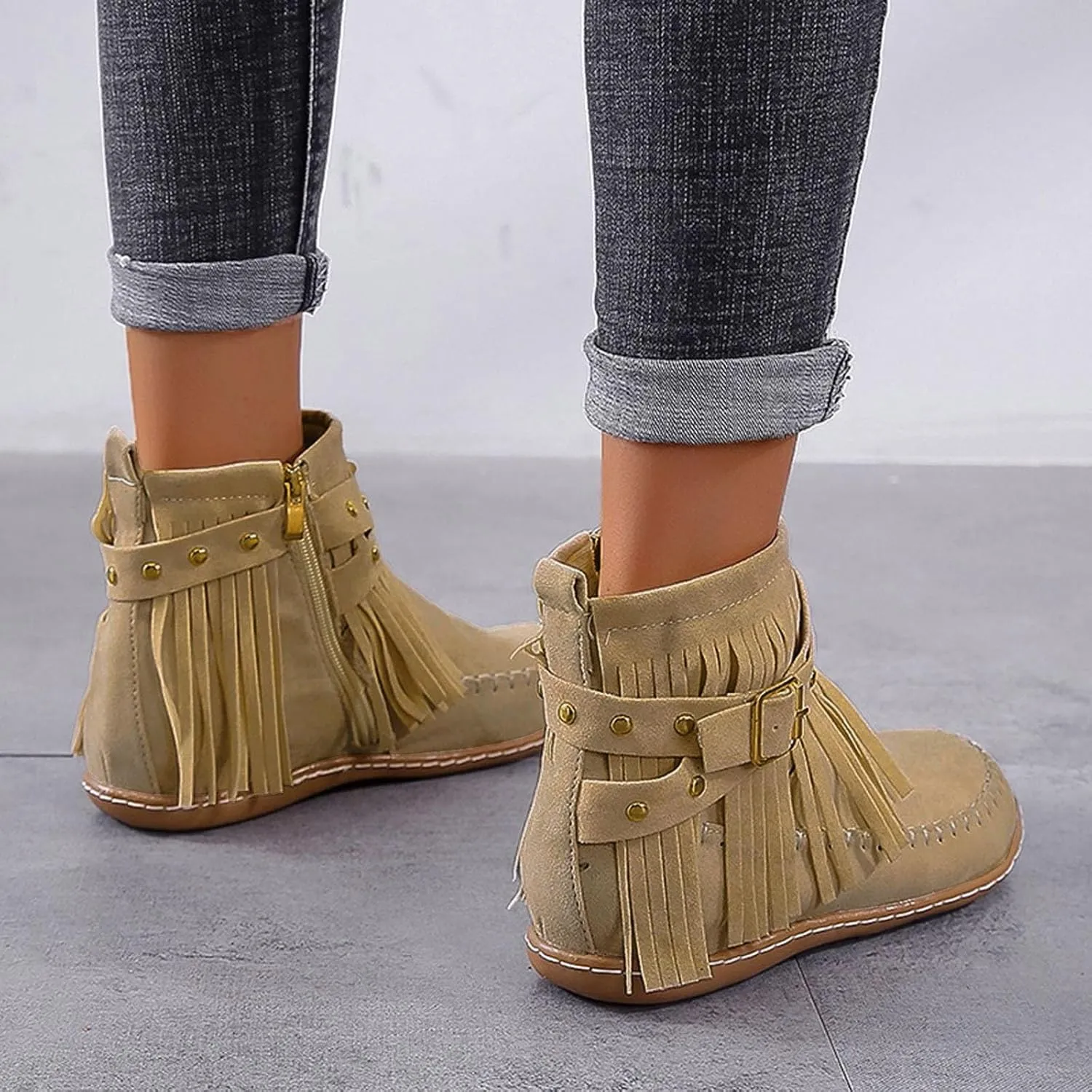 Ankle Boots for Women Platform Boots Womens Vintage Tasseled Leather Suede Round Toe Zipper Flat Heel Boots Shoes