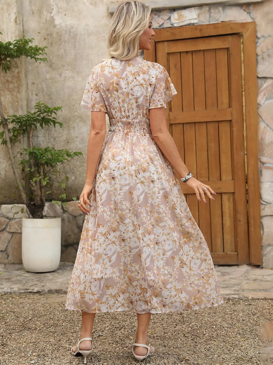 ANRABESS Womens Summer Floral Maxi Dress Casual V Neck Short Sleeve Chiffon Boho Flowy Beach 2025 Wedding Guest Long Dresses