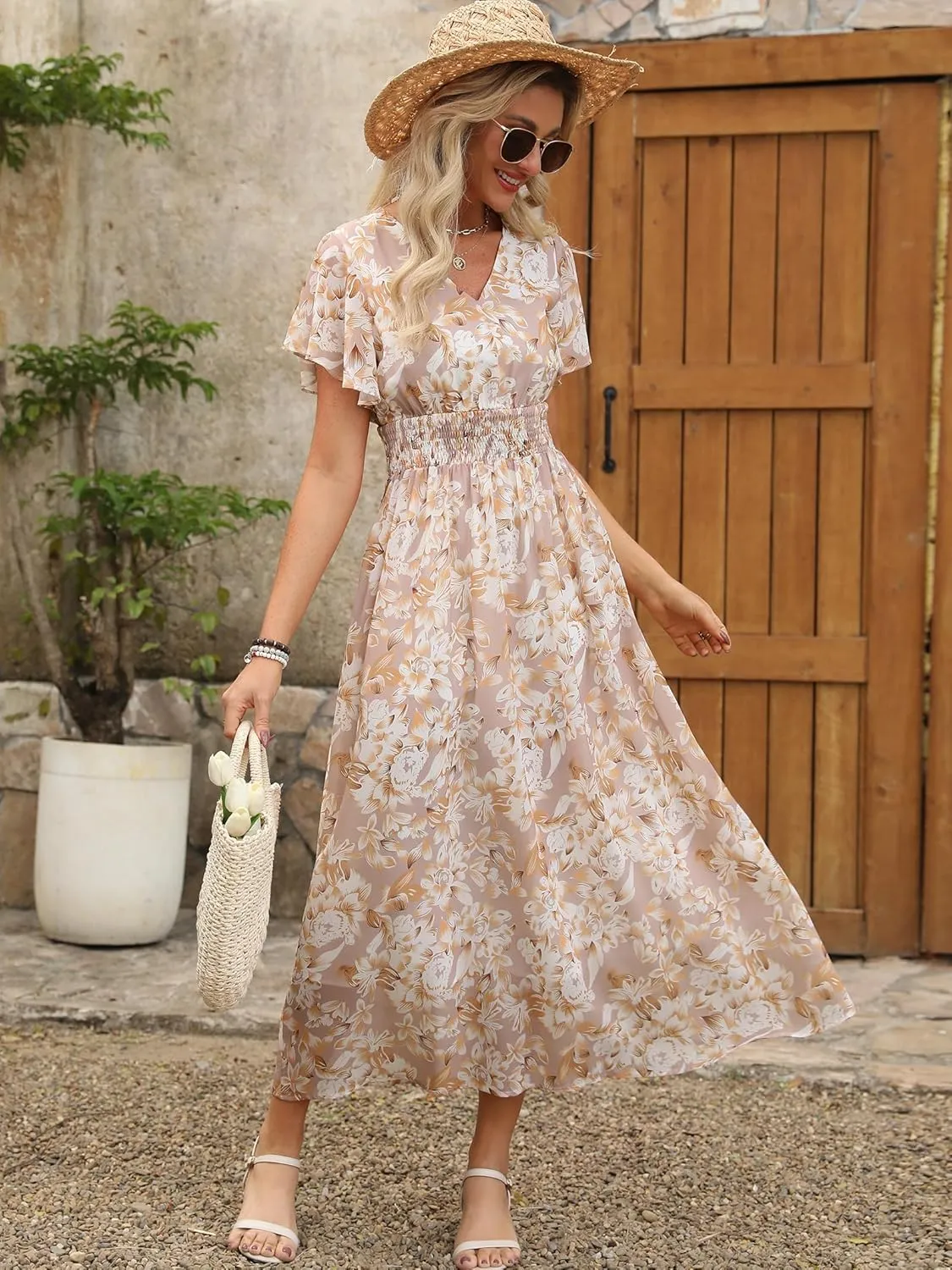 ANRABESS Womens Summer Floral Maxi Dress Casual V Neck Short Sleeve Chiffon Boho Flowy Beach 2025 Wedding Guest Long Dresses