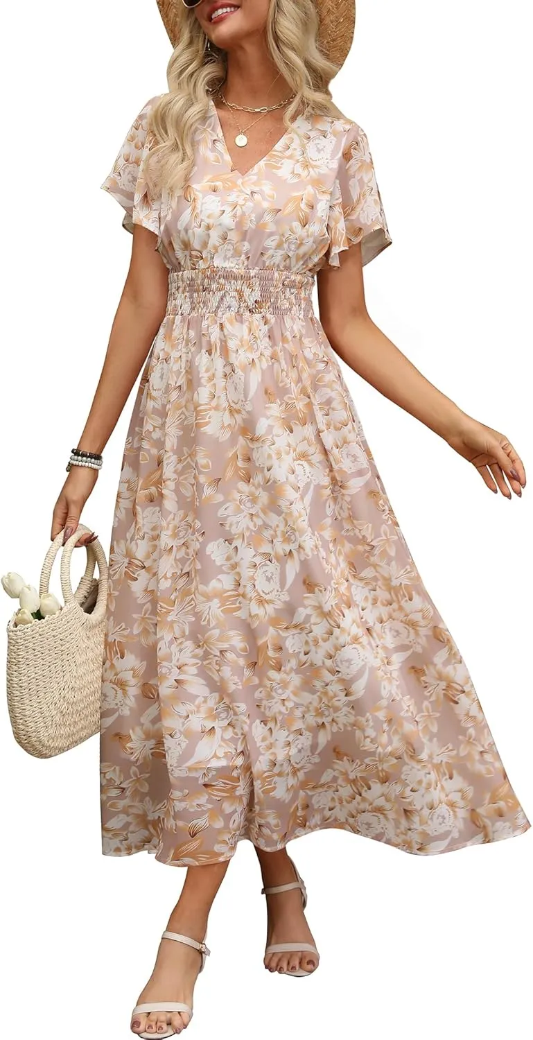 ANRABESS Womens Summer Floral Maxi Dress Casual V Neck Short Sleeve Chiffon Boho Flowy Beach 2025 Wedding Guest Long Dresses