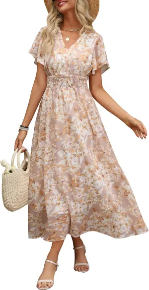 ANRABESS Womens Summer Floral Maxi Dress Casual V Neck Short Sleeve Chiffon Boho Flowy Beach 2025 Wedding Guest Long Dresses