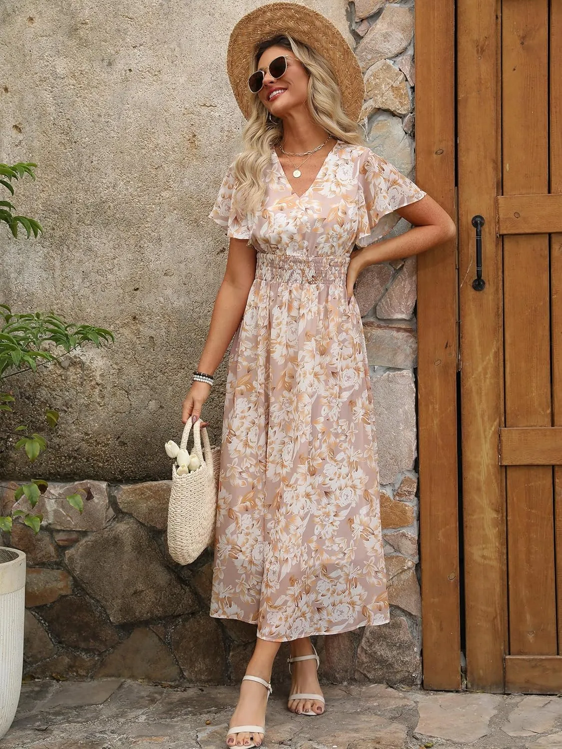 ANRABESS Womens Summer Floral Maxi Dress Casual V Neck Short Sleeve Chiffon Boho Flowy Beach 2025 Wedding Guest Long Dresses