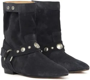 Arqa Studded Suede Ankle Boots for Women Pointed Toe Wide Calf Flat Heel Riding Boot Rivets Motorcycle Boots