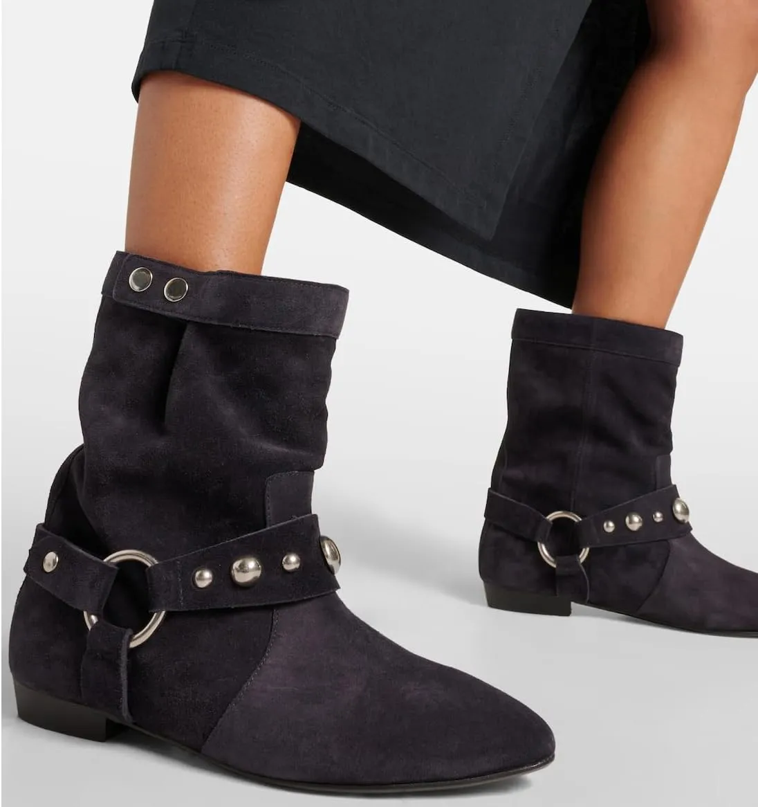 Arqa Studded Suede Ankle Boots for Women Pointed Toe Wide Calf Flat Heel Riding Boot Rivets Motorcycle Boots