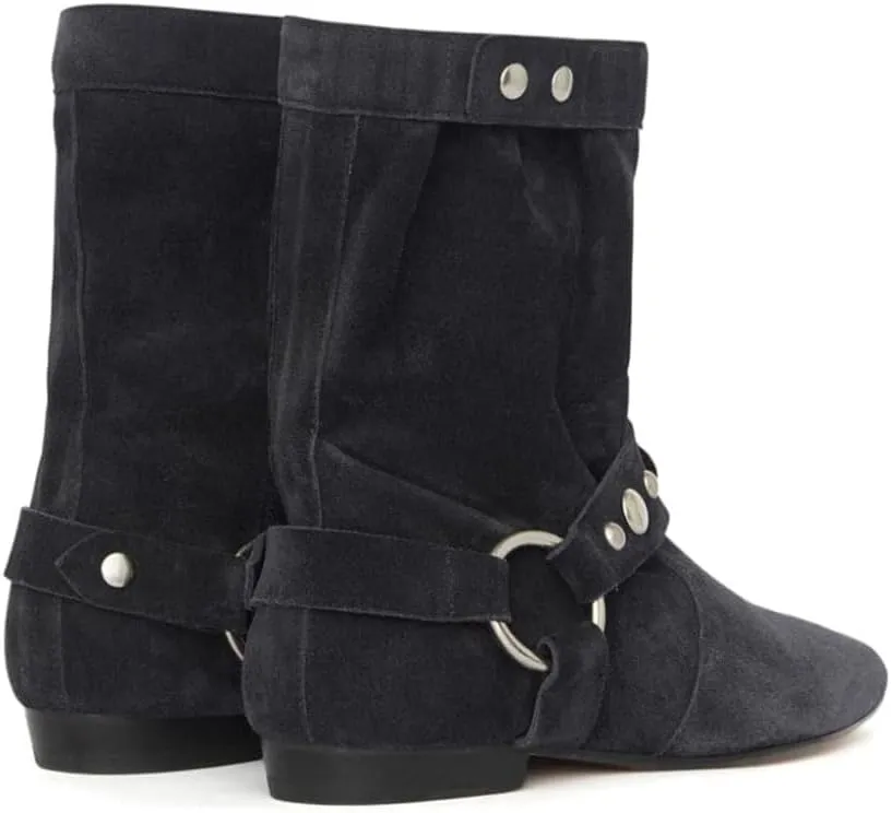 Arqa Studded Suede Ankle Boots for Women Pointed Toe Wide Calf Flat Heel Riding Boot Rivets Motorcycle Boots