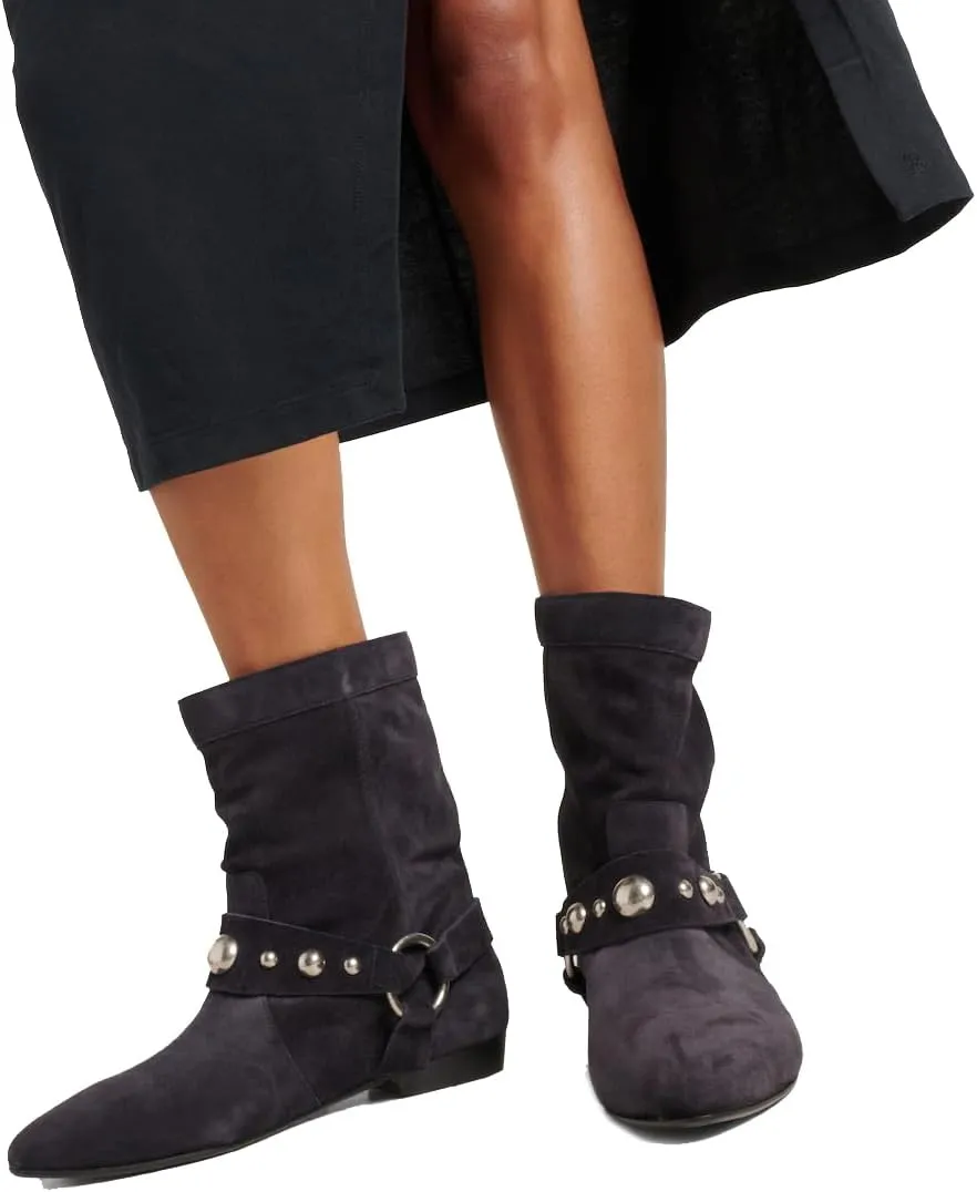 Arqa Studded Suede Ankle Boots for Women Pointed Toe Wide Calf Flat Heel Riding Boot Rivets Motorcycle Boots