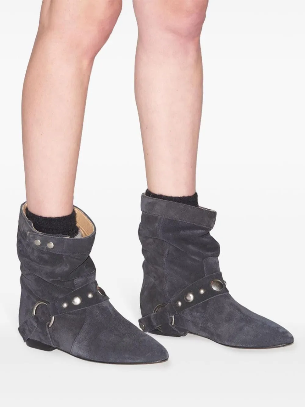 Arqa Studded Suede Ankle Boots for Women Pointed Toe Wide Calf Flat Heel Riding Boot Rivets Motorcycle Boots