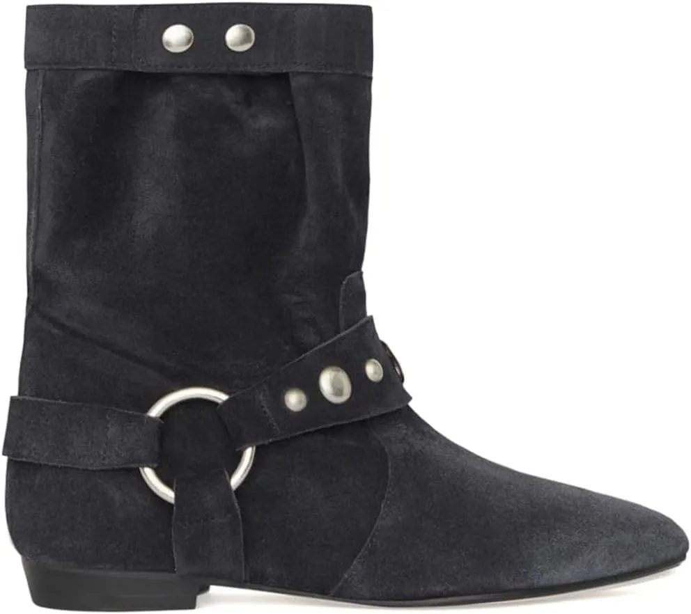 Arqa Studded Suede Ankle Boots for Women Pointed Toe Wide Calf Flat Heel Riding Boot Rivets Motorcycle Boots