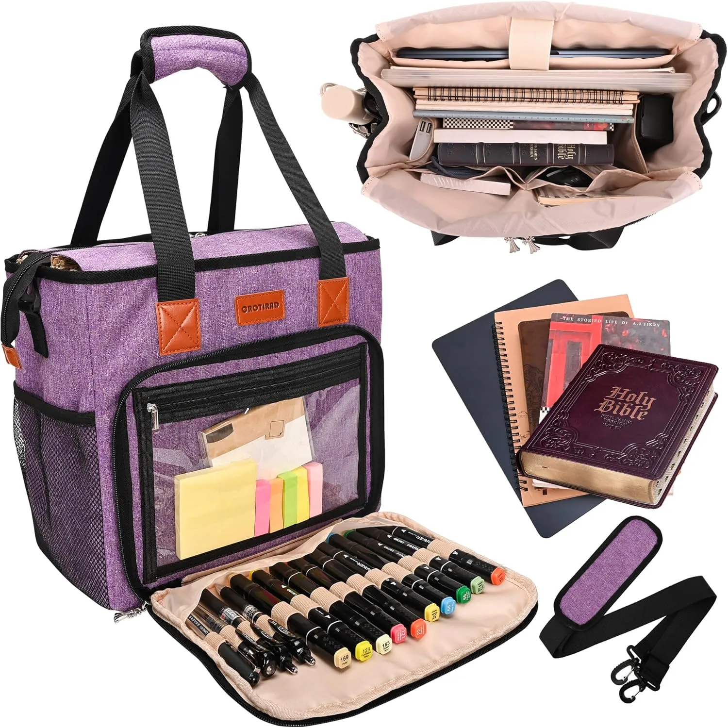 Bible Cover Bag for Women with Water Bottle Pockets, Bible Case Church Bag for Bible Study Items with Shoulder Strap, Purple