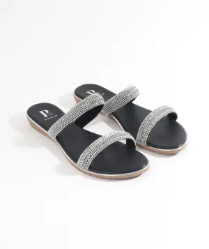 Black Embellished Wedged Mule Sandal with Open Toe