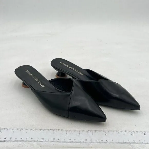 Black Women Pointed Toe Mule Low Heels Slip On Open-back Slides Sandals Shoes