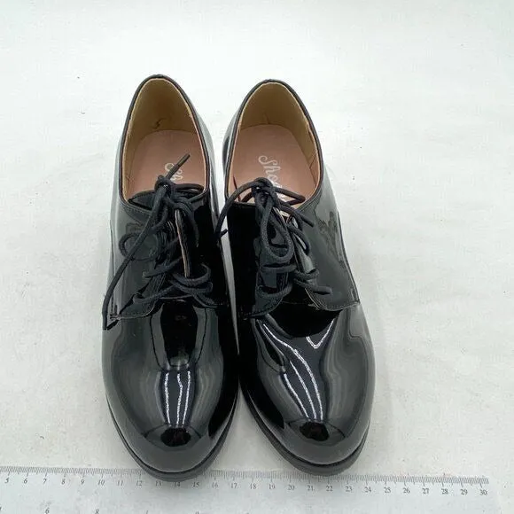 Black Women's Perforated Lace-Up Derby Shoes Round Toe Low Chunky Heel Shoes
