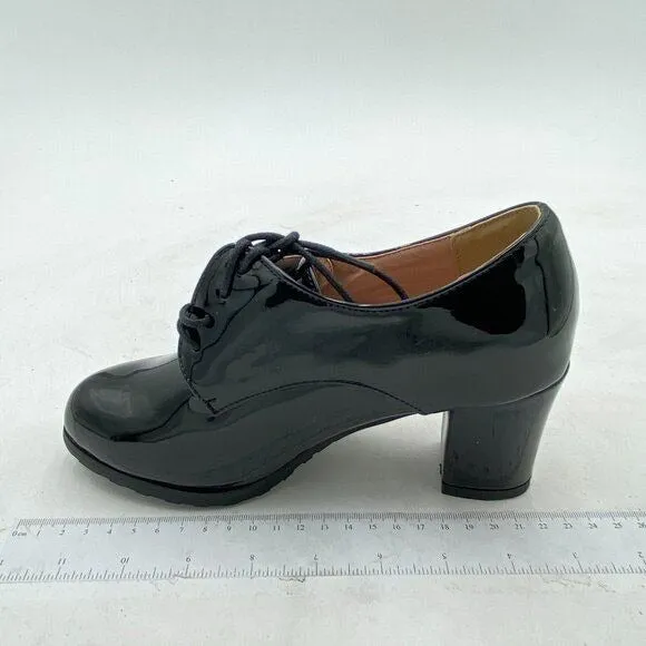 Black Women's Perforated Lace-Up Derby Shoes Round Toe Low Chunky Heel Shoes