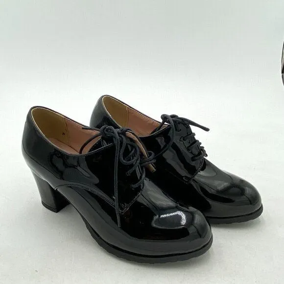 Black Women's Perforated Lace-Up Derby Shoes Round Toe Low Chunky Heel Shoes
