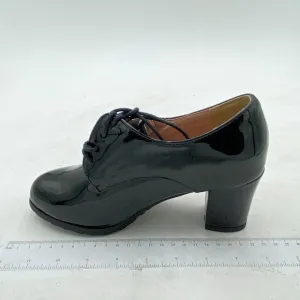 Black Women's Perforated Lace-Up Derby Shoes Round Toe Low Chunky Heel Shoes