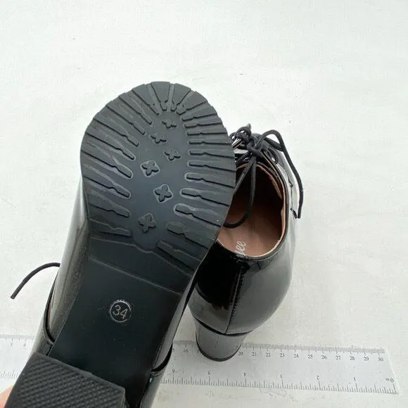 Black Women's Perforated Lace-Up Derby Shoes Round Toe Low Chunky Heel Shoes
