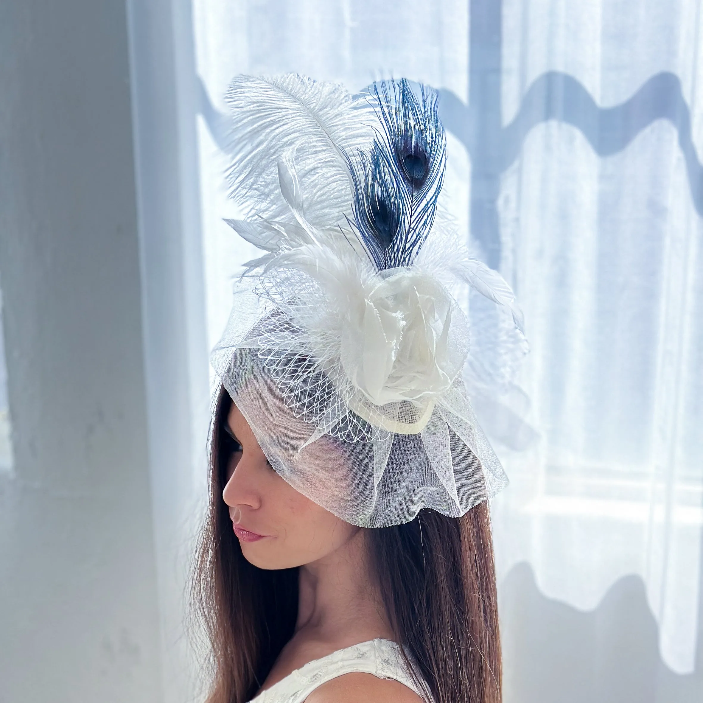 Blanca Ostrich Feather Fascinator - Navy and White