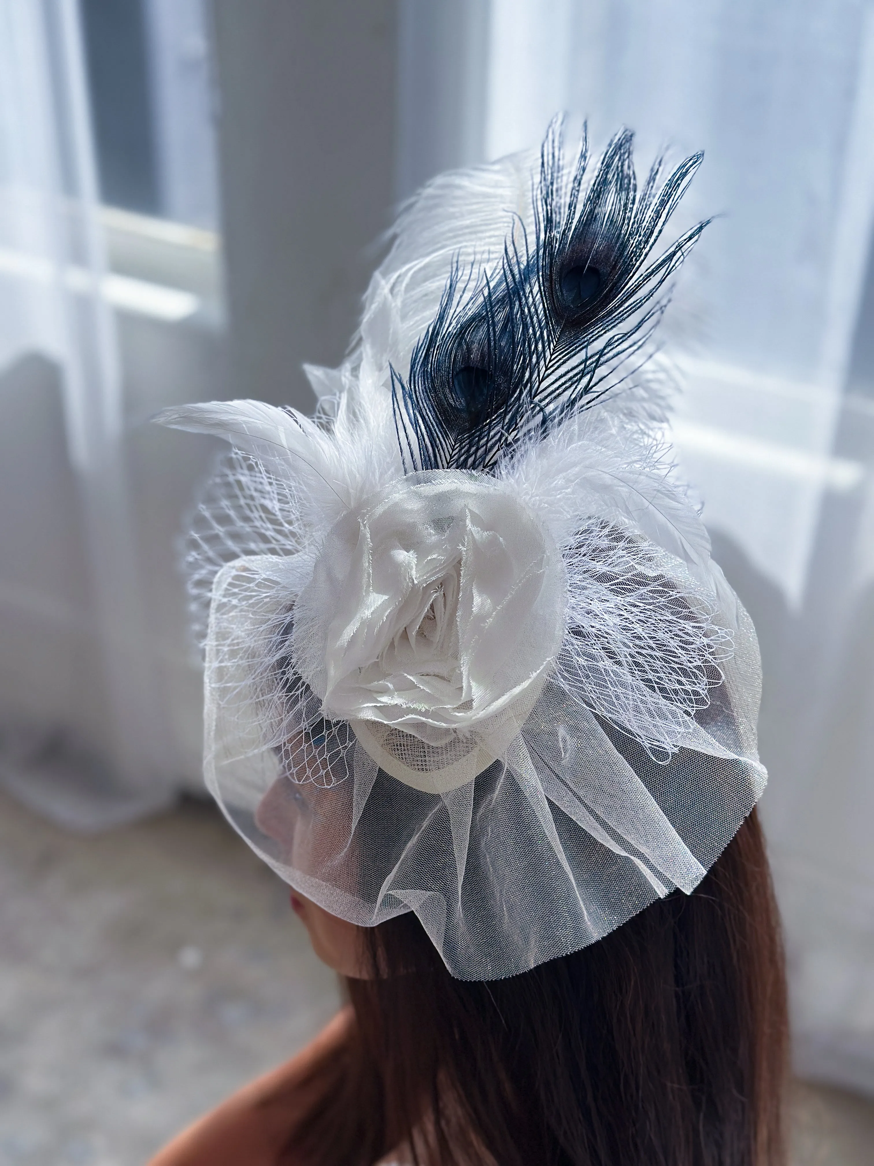 Blanca Ostrich Feather Fascinator - Navy and White