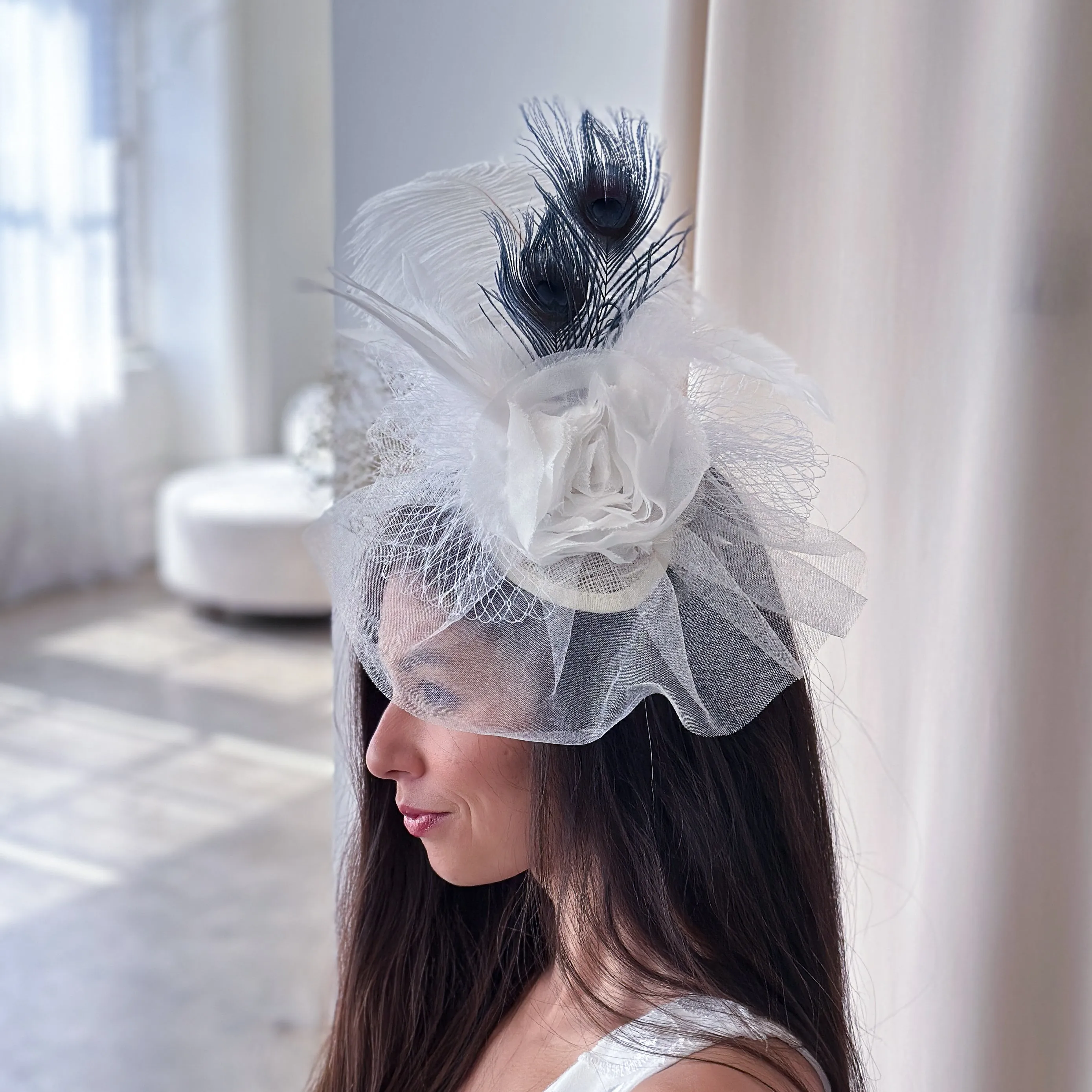 Blanca Ostrich Feather Fascinator - Navy and White