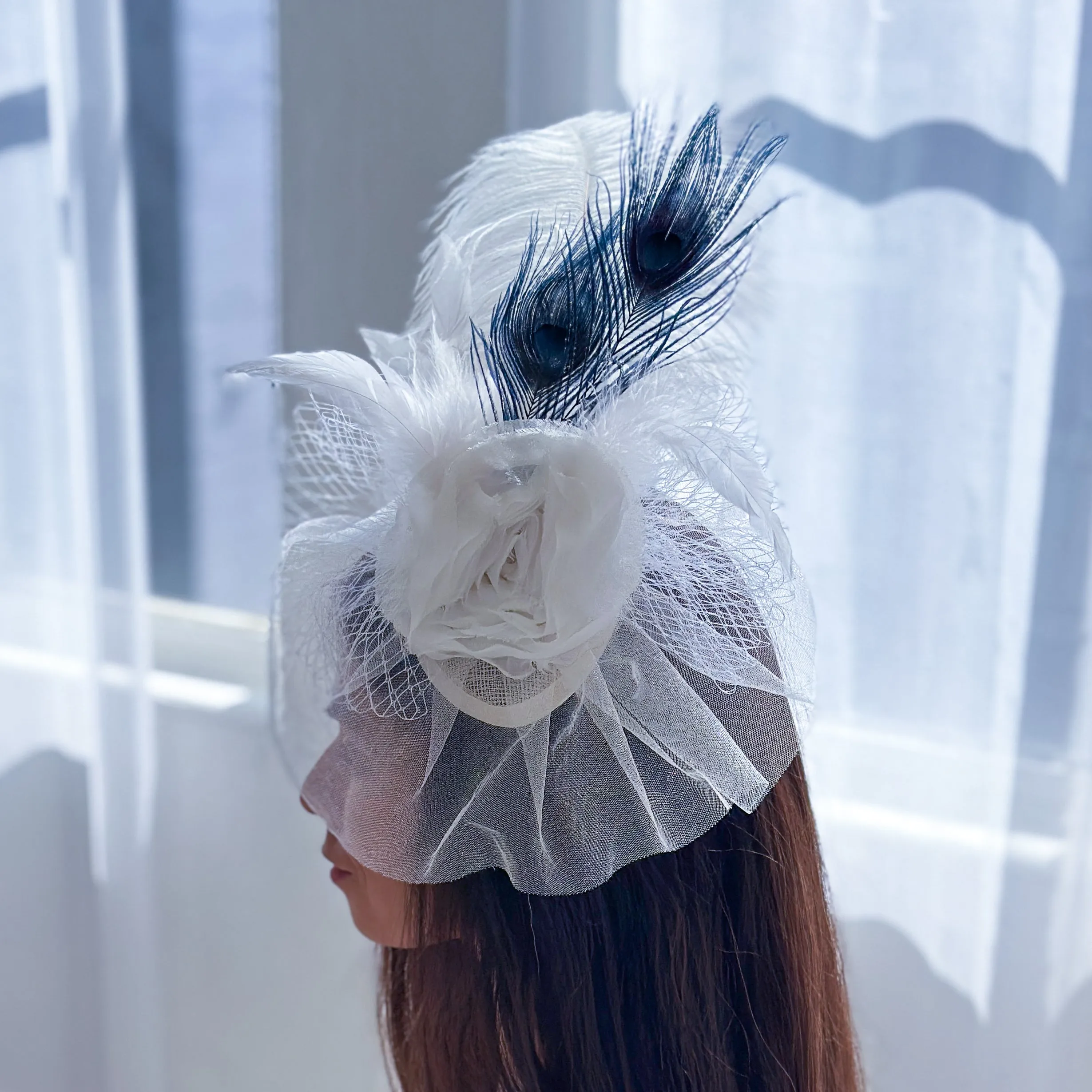 Blanca Ostrich Feather Fascinator - Navy and White